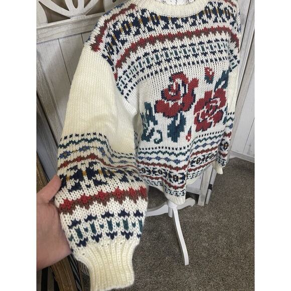 Vintage Changes Womens White Rose Floral Knit Nordic Pullover Sweater Medium - Picture 2 of 7